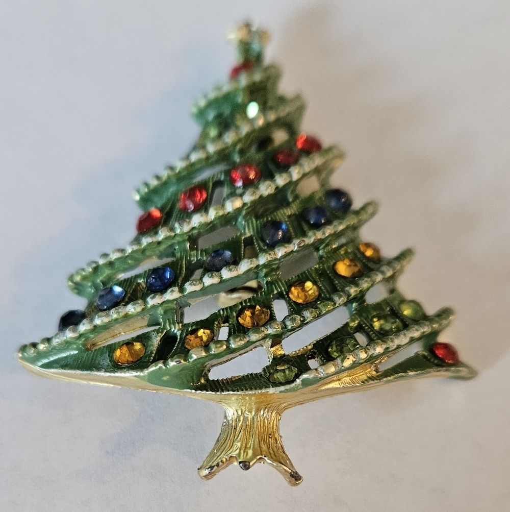 Christmas Tree Brooch Pin Enamel Rhinestones - Picture 2 of 9